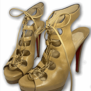 Christian Louboutin Tan Leather Lace Up Peep Toe Heels 39.5