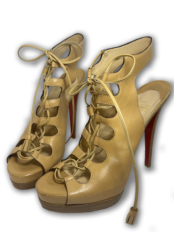 Christian Louboutin Tan Leather Lace Up Peep Toe Heels 39.5